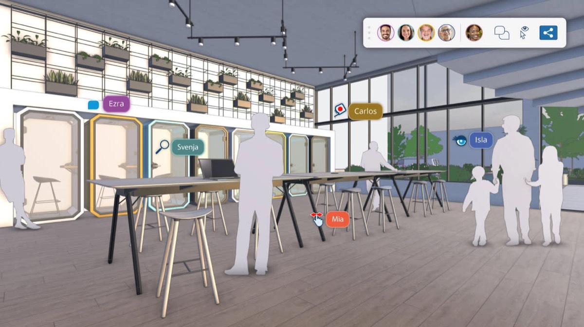 Maquette SketchUp d'un espace de travail partagé, annotée en temps réel par plusieurs collaborateurs